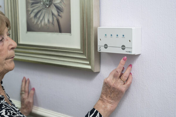 Wall-mounted CO alarm with indicator lights for supply, fault and alarm